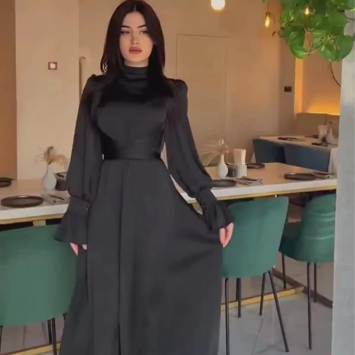 2023 осень атласное элегантное женское платье с длинными рукавами на талии