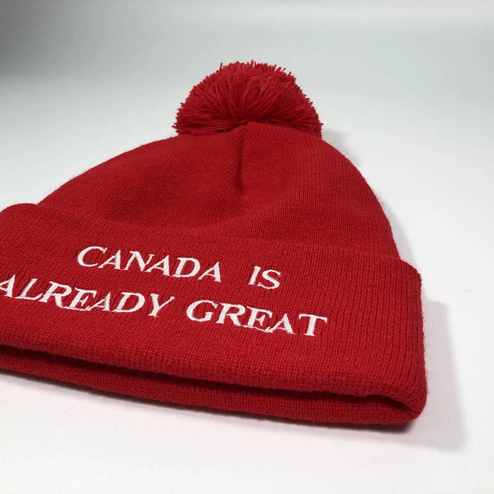 OEM popular classic fashion acrylic red colorful unisex pompom warm winter knit hat custom embroidery logo design Canada toque