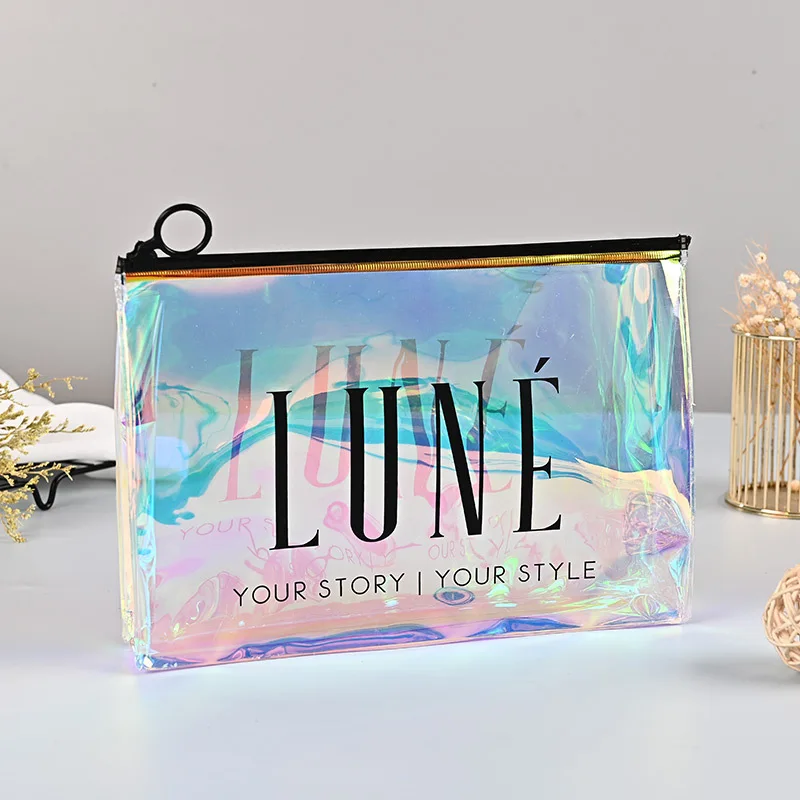 Wholesale customized transparent holographic pvc zipper bag portable large capacity cosmetic bag waterproof packaging bag