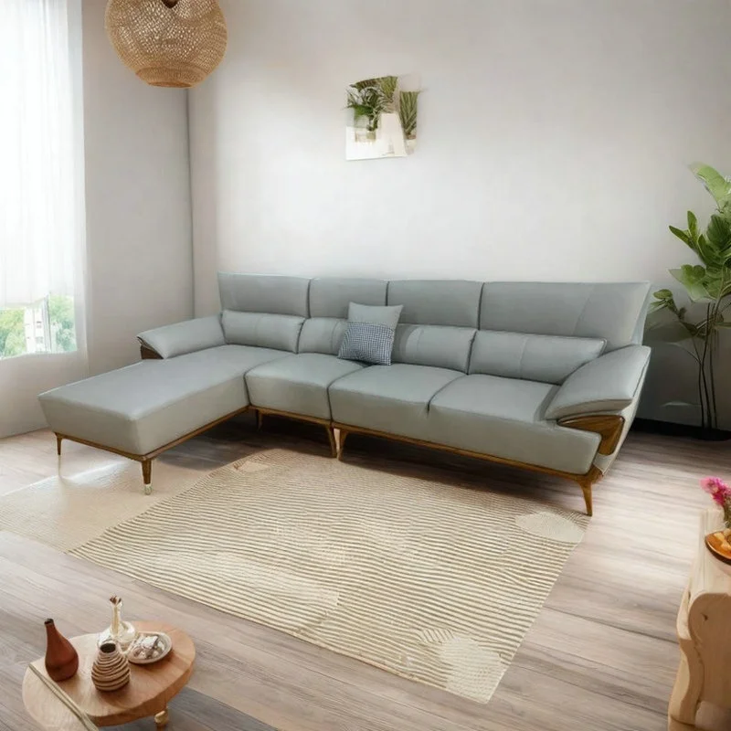 L Shape Top Grain Genuine Leather Sofa Couch With Ebony Wood For Living Room Furniture