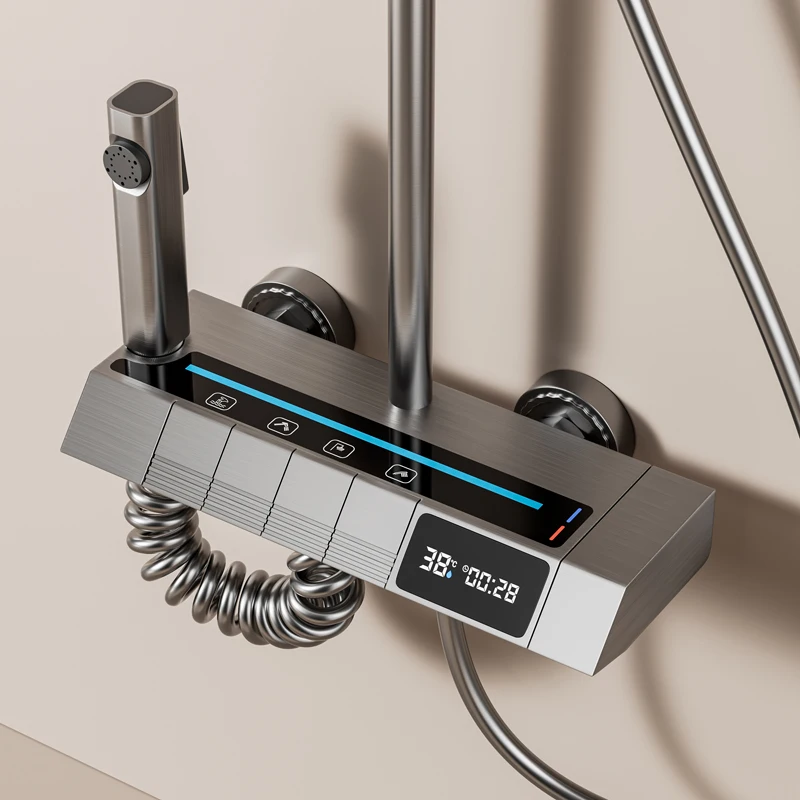 New matte black brass Piano key rainfall bath shower faucet set bathroom Digital Display multifunction shower set System