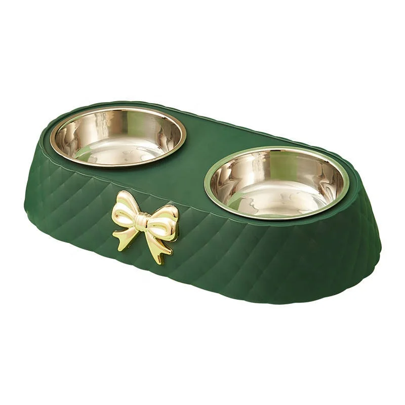 New Luxury Bow Knot Diamond Pattern with Stainless Steel Pet Double Bowls Cat Dog Food Utensilsmetal Pet Bowl