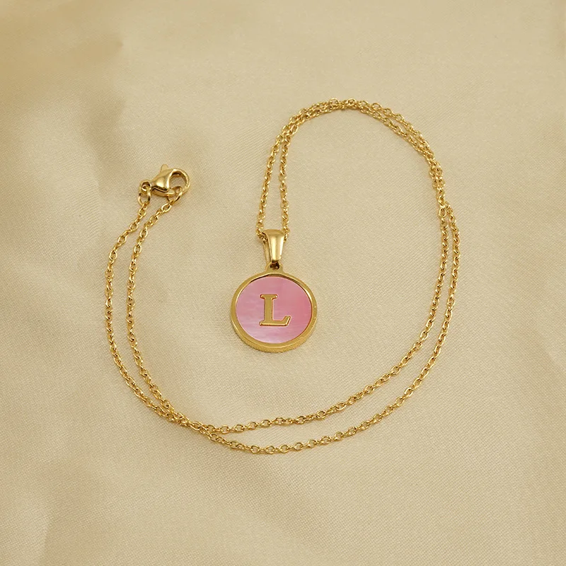 Personalized stainless steel gold plated A-Z 26 initial letters women lovely pink shell round pendant necklace