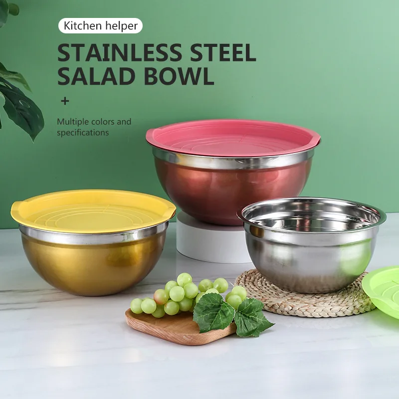 Customized Vegetable Food Bowl Salad and Fruit Deep Stainless Steel Mixing Bowl  with silicone bottom salad maker