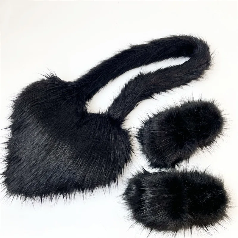 J&H wholesale fashion fur slippers women faux Raccoon fur bags Y2K ladies fashion matching shoes and bags set