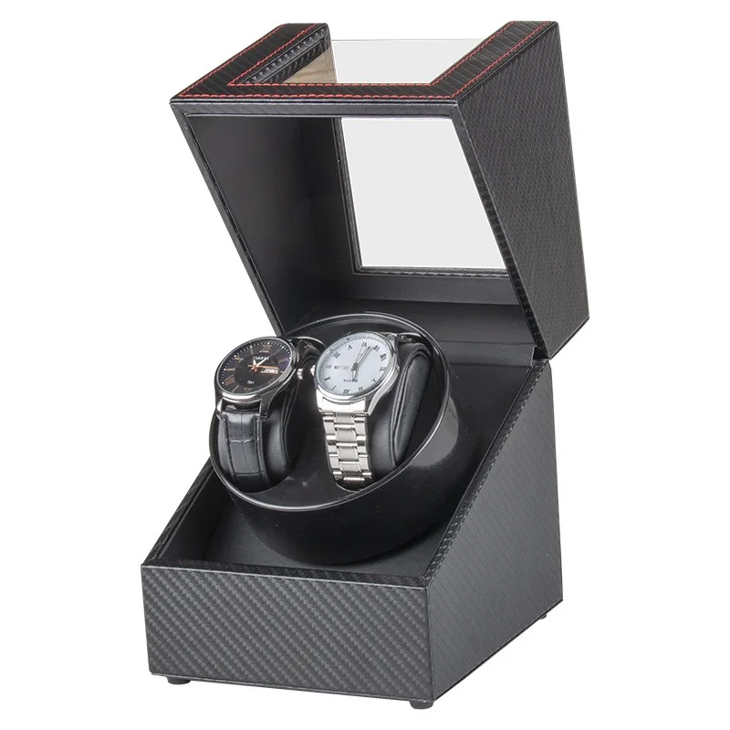 Ready In Stock 3 Modes 2 Slot Black PU Leather Carbon Fiber Watch Winder Box