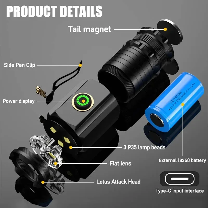 Potente Linterna Led Xhp70 Luz De Flash Inteligente Tipo C Recargable Lanterna Taschenlampe Mini Flashlight