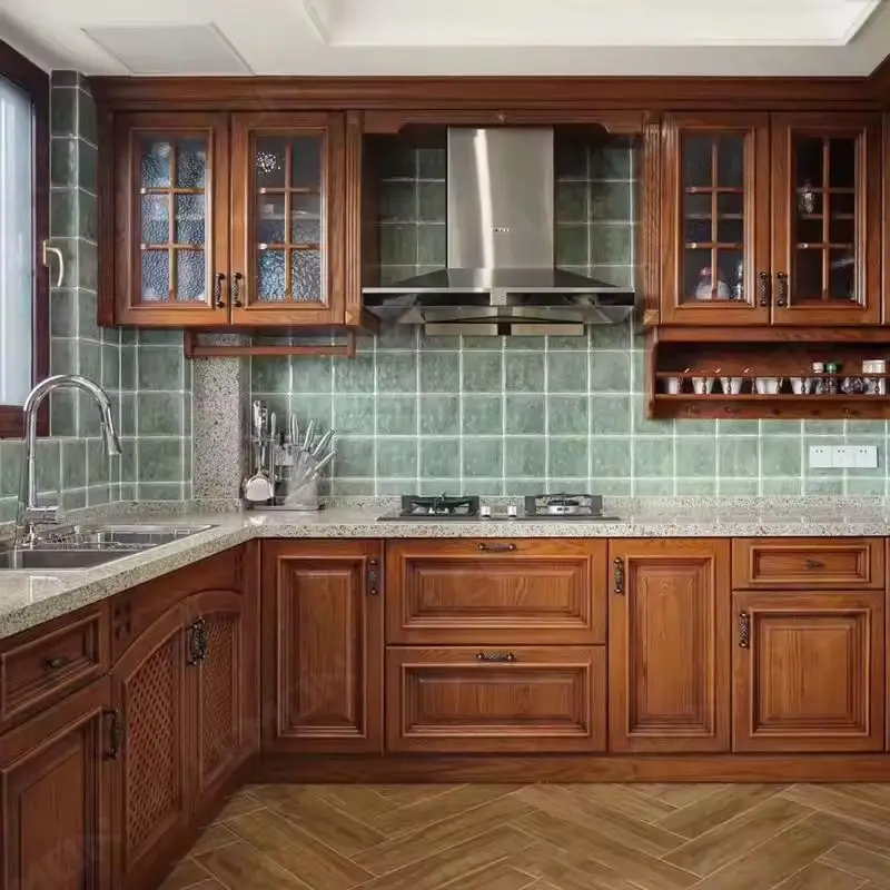 Custom Chinese New Kitchen Furniture Cabinet Walnut Wood Kitchen Cabinets for Sale