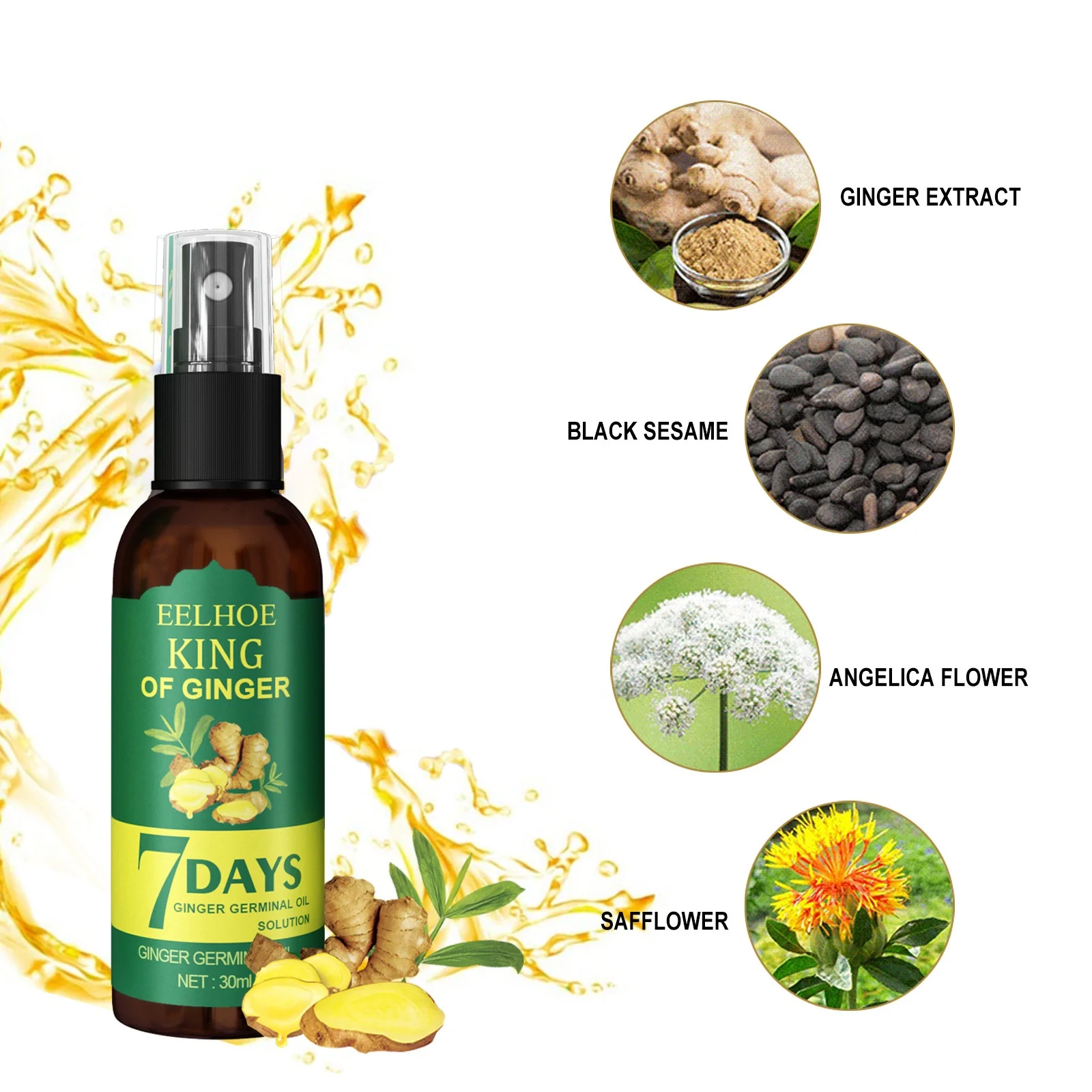 2024 China hot sale 30ml regrow 7 day ginger germinal hair growth serum ginger essential oil hair growth serum spray
