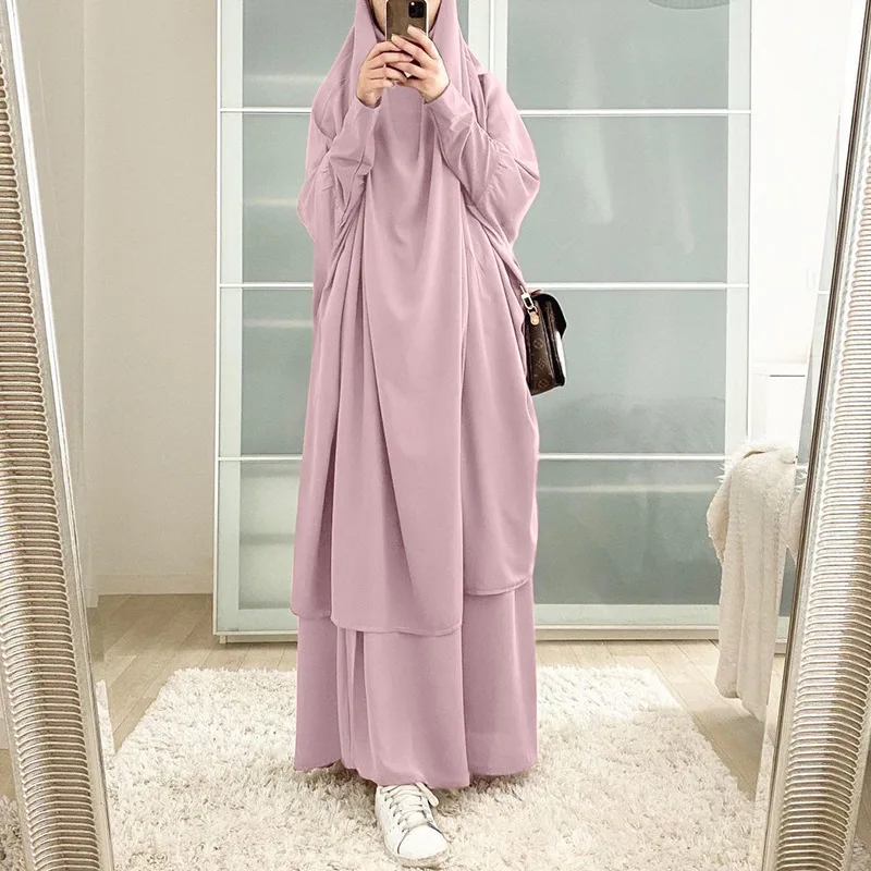 2025 New Muslim Dubai Islamic Clothing EID Women 2 piece Nida Robe Khimar Jilbabs and muslim Skirt Ramadan Prayer Dress Abaya