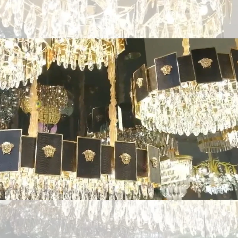 Luxury pendant light 2022 greek medusa style crocodile leather artistic black and gold round crystal chandelier