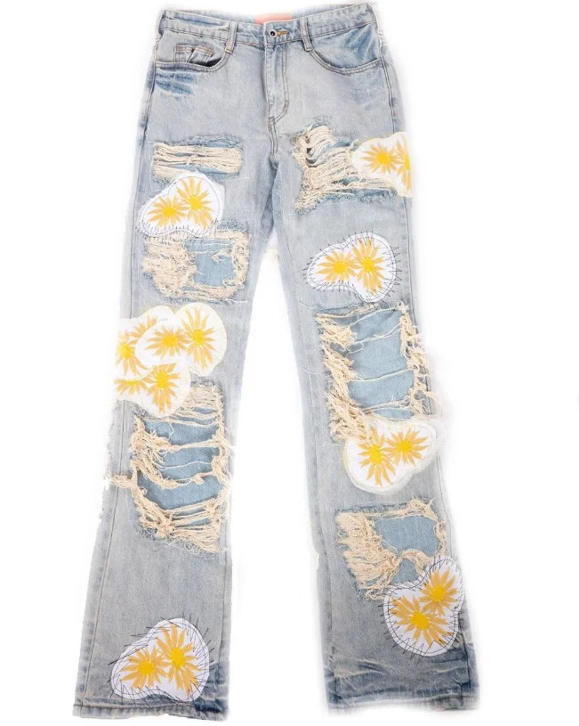 manufacturer fashionable heavyweight vintage faded wash raw hem frayed high quality flared denim jeans men custom stacked jeans