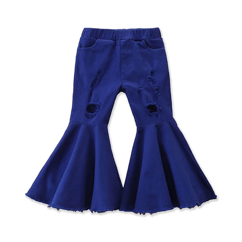 
2020 New arrival blue color fashion wide leg big bottom ruffle girls fall winter pants with hole 
