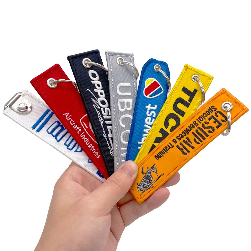 wholesale custom aircraft aviation label key chain fabric Personalized Remove before you fly embroidered key chain rings