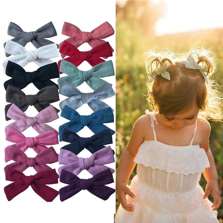 Sweet Baby Girls 3 inch Pigtail Bow Hair Clips Linen Cotton Bow Hair Grips Barrettes Toddler Kids Hairbow Accessories Hairgrips