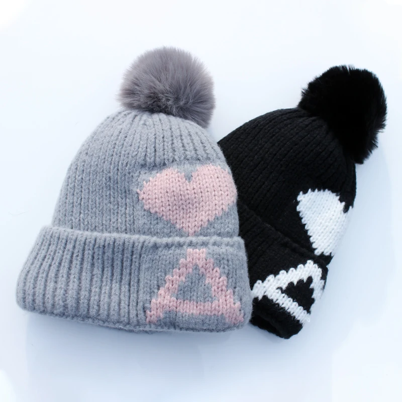 Custom Unisex Soft Chunky Knit Acrylic Cuff Beanie Winter Pom Slouchy Hat Women With Pompom And Fleece Lining