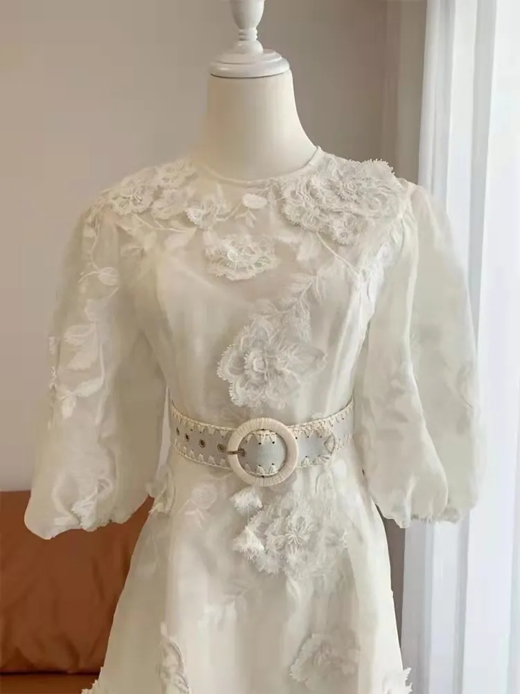 Wholesale Getspring Women Dress Vintage O Neck Puff Sleeve Flower Belt Large Hem Long White Lace Dress Party Dress 2022