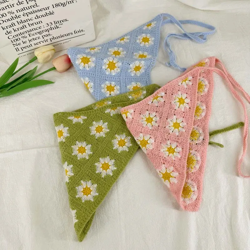 Vintage Flower Crochet Bandanas Kerchief Knitted Hair Scarf Boho Vintage Headbands for Women Girls Floral Fruits Headband