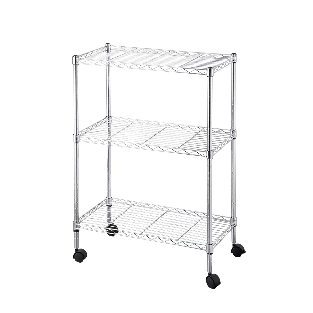 3 Tier Chrome Mobile Storage Cart  Metal Pantry Shelving Trailer Shelving With Casters