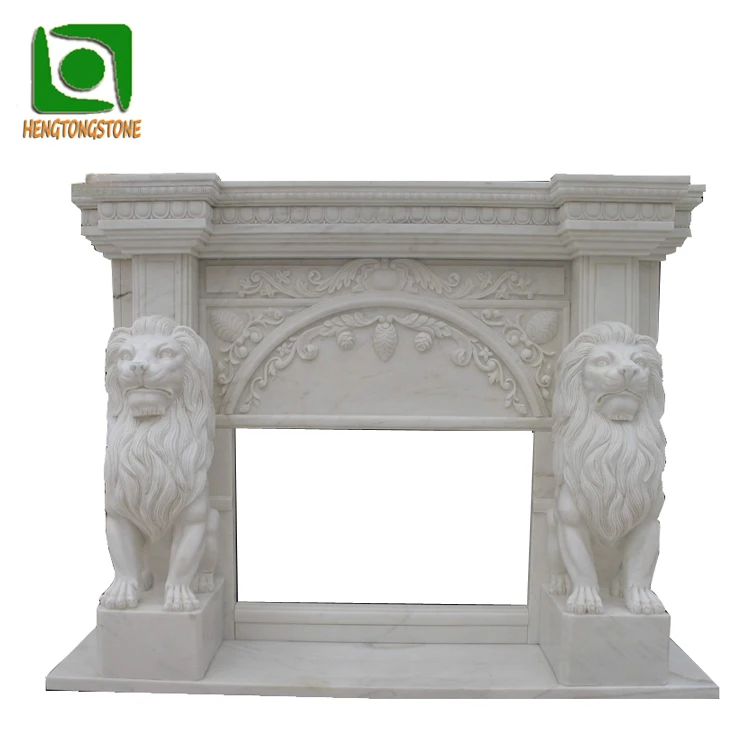 Home Decoration Hand Carved Freestanding Beige Marble Fireplace Mantel With Lion Statue