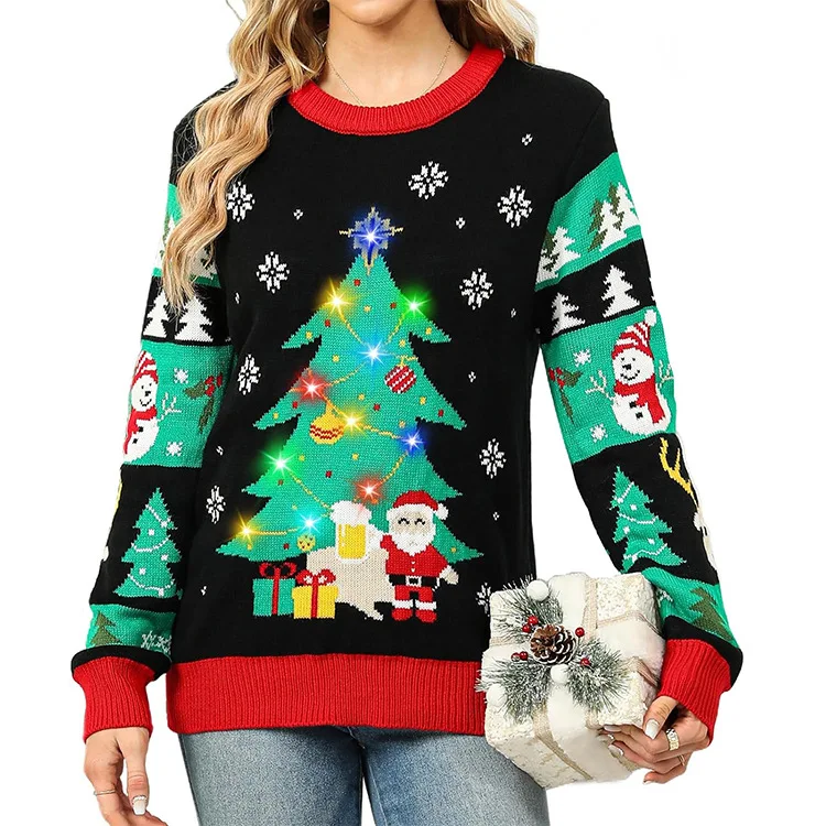 Christmas Tree LED Light Funny Ugly Christmas Sweater Knitted Pullover Christmas Sweaters For Women