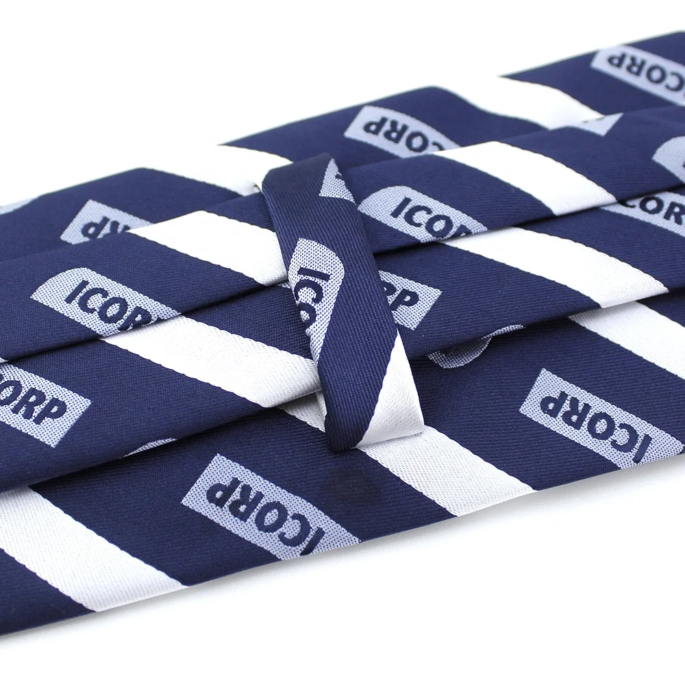 Mens Wholesale Custom Clip-on Neckties Polyester Jacquard Dark Dusty Blue White Striped Red Logo Security Clip On Ties For Men