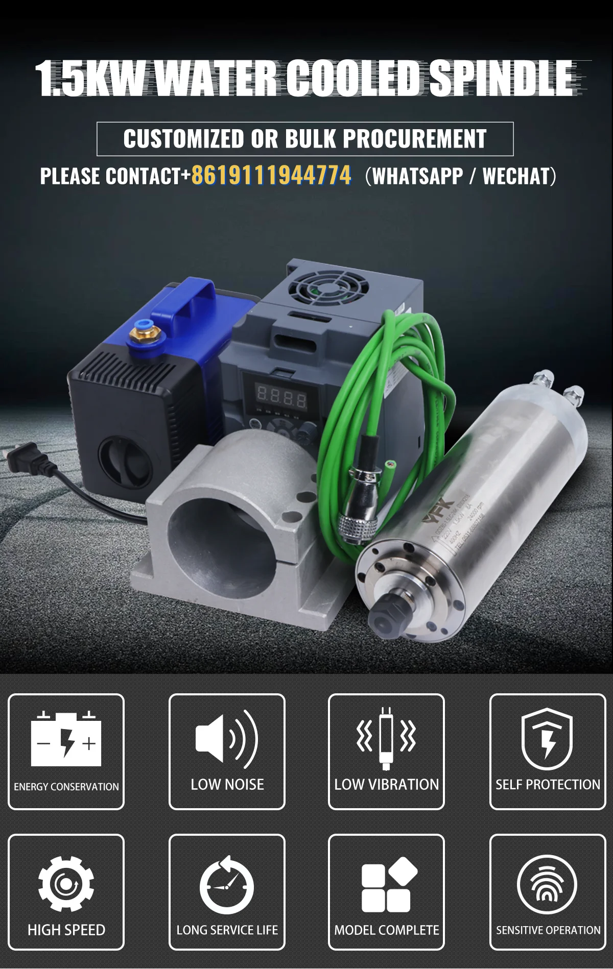 CNC Router Kit 1.5kw ER16 Water-Cooled Milling Spindle Motor+VFD Inverter+80 Bracket+80W Water Pump