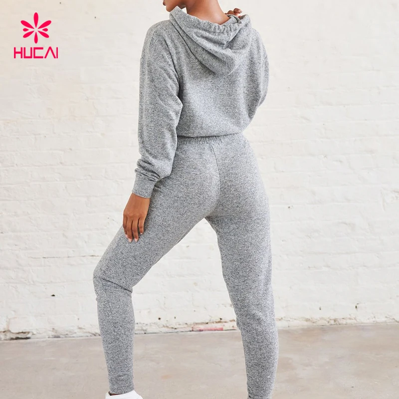 Custom new hucai High Quality Women grey cotton crop top sweatpants velour sweat suits sweatsuit sets women