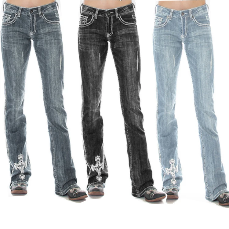 
Wholesale 2020 New Style Embroidery Straight Fashionable stacked Jeans Pants For Women 