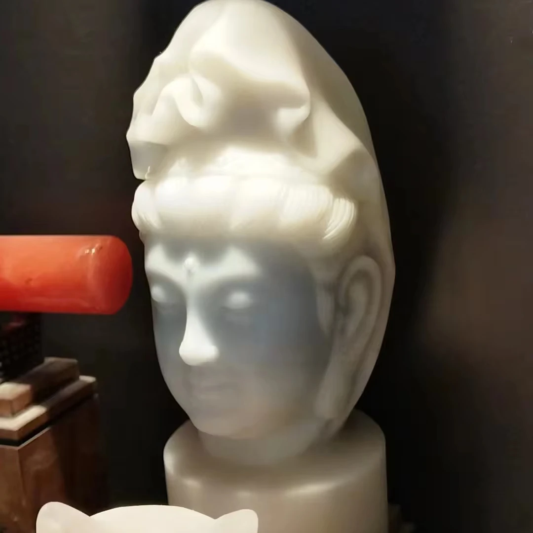 Natural Mineral Semi Precious Stone Hand Carved Realistic White Jade crystal Human Carving Avalokitesvara Buddha Statue