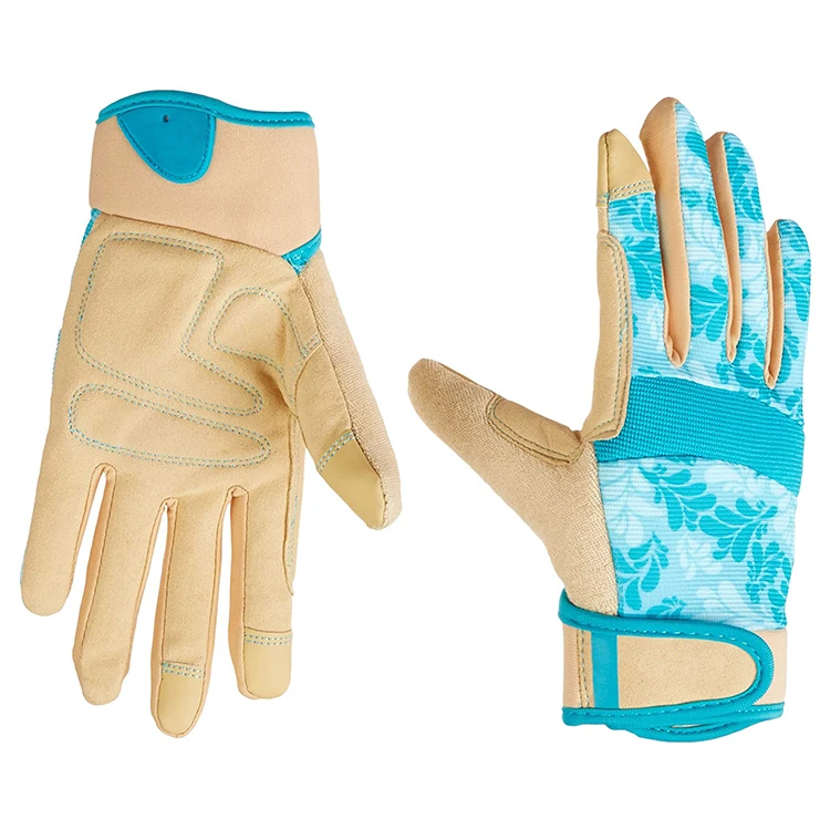 High Performance Dexterity Blue Leaves Pattern Touch Screen Compatible Fingertips Spandex Gardener Work Gardening Gloves