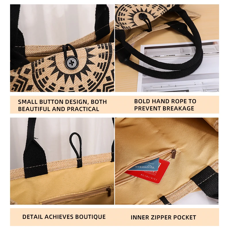 wholesale fashion printed tote bags women shopping jute tote bag of boho pattern