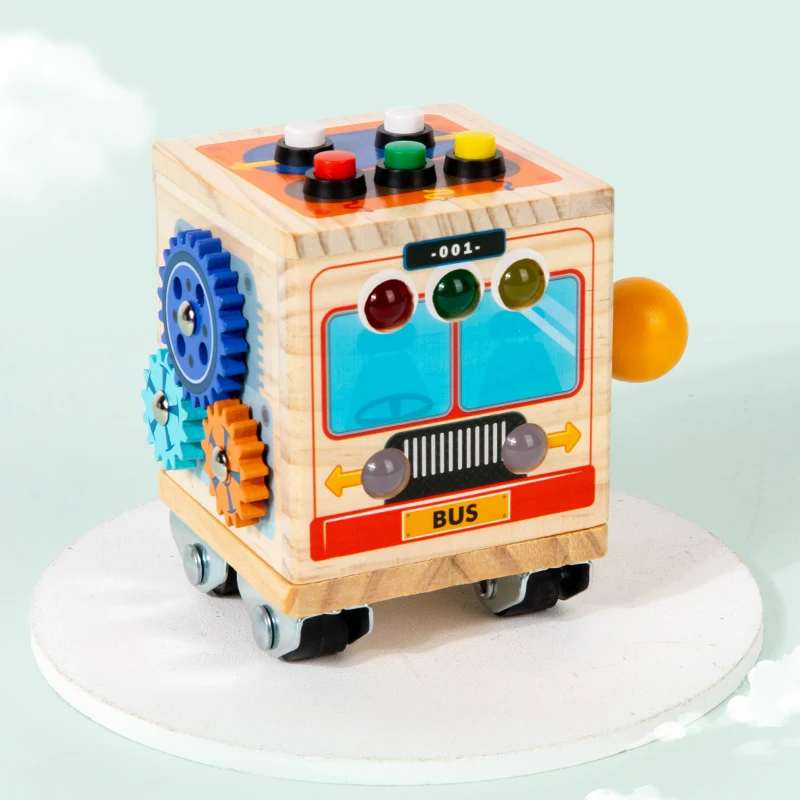 Early Educational Kids Sound and Light Busy bus Montessori Switch Button Cognitive Toys Children Wooden LED Busy Board Toy