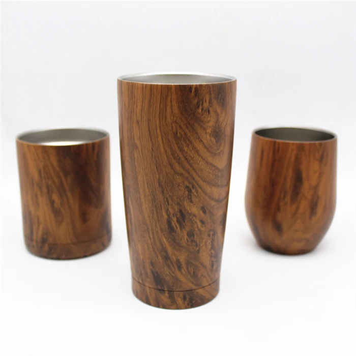 Amazon Hot Sell Double Wall Wood Grain 12 oz Stainless Steel Wine Tumblers For Gifts