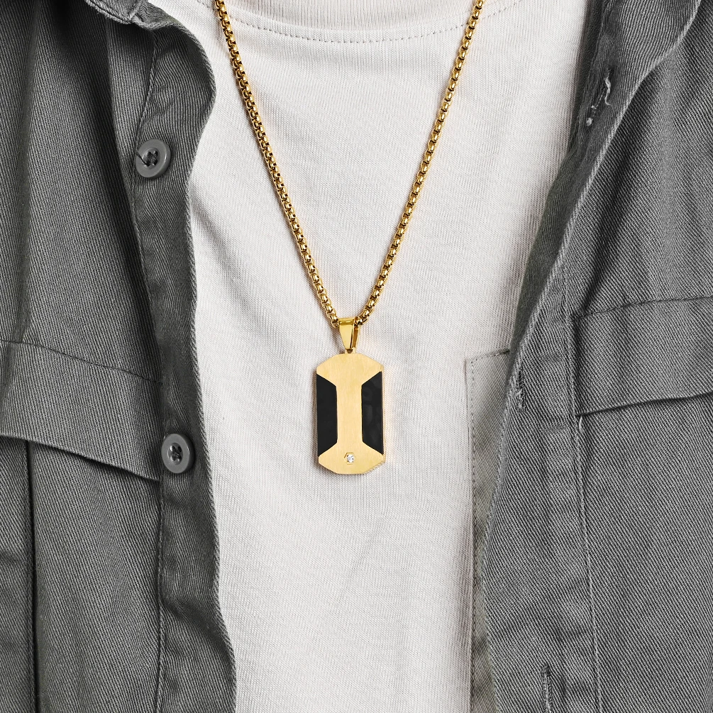 Alin Stainless Steel Black Carbon Fiber Inlay Necklace for Men Cz Stone Pendant Custom Jewelry For Him