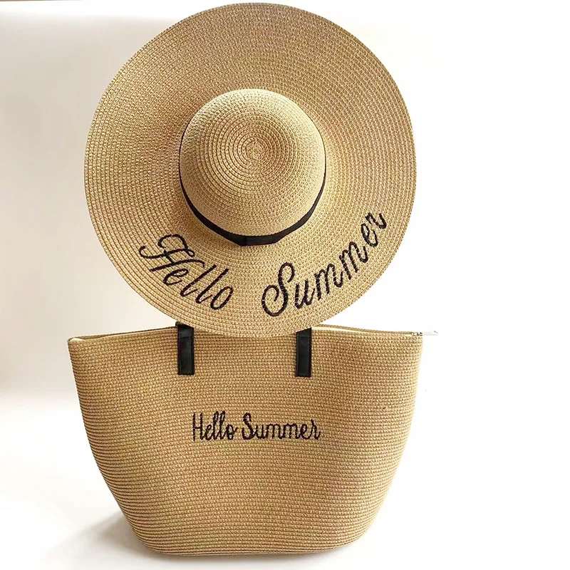 Sun Protection Sunshade Straw Woven Hat Bag Set Holiday Fashion Handbag Straw Hat Women Beach Bags And Hats