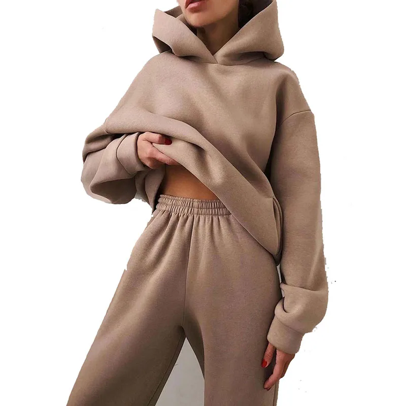 Women Solid Sets Warm Hoodie Sweatshirts And Long Pant Fashion Two Piece Sets Ladies Lace Up Sweatshirt Suits