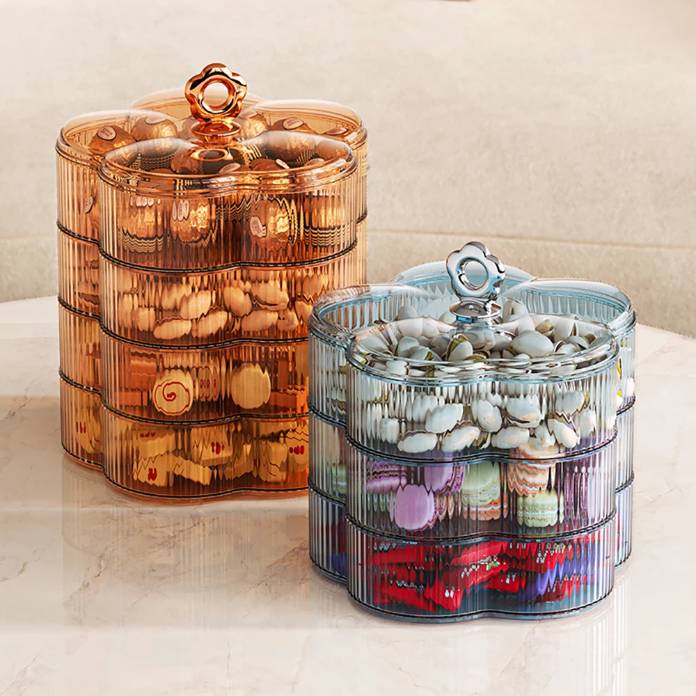 Multiple Tire Flower Shape Design Plastic Serving Platter Snack Tray with Lid for Biscuit Candy Nut Candy