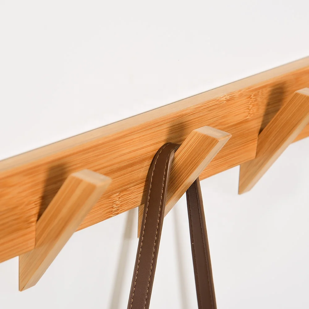 Modern Large Wood Wall Coat Rack with 5 Hooks Single-Tier Organization Kitchen Bathroom Clothing Hanger Bamboo Clothes Hanging
