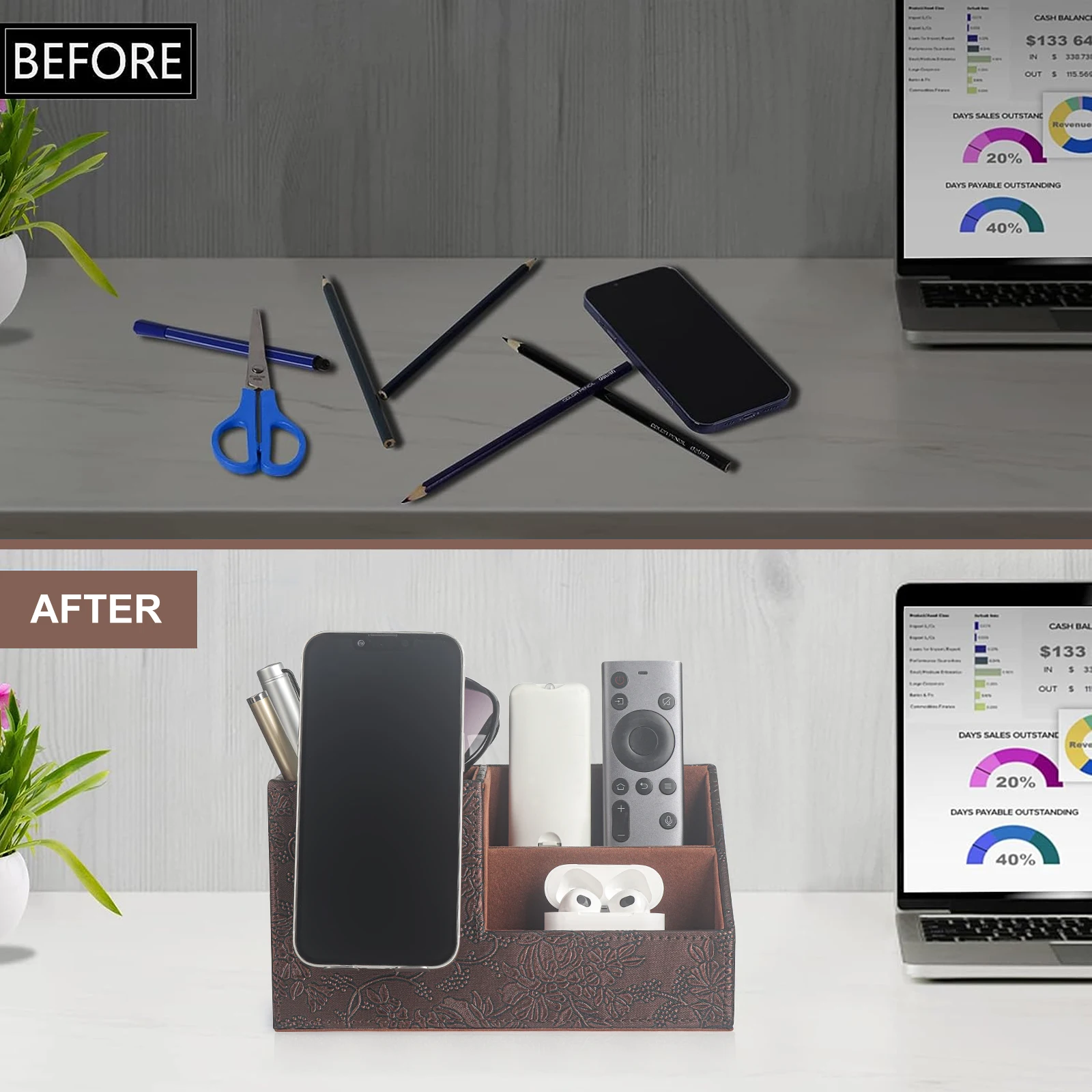 PU Leather Desk Organizer Pen Pencil Holder Business Name Cards Remote Control Holder,Cell phone with Stainless Holder