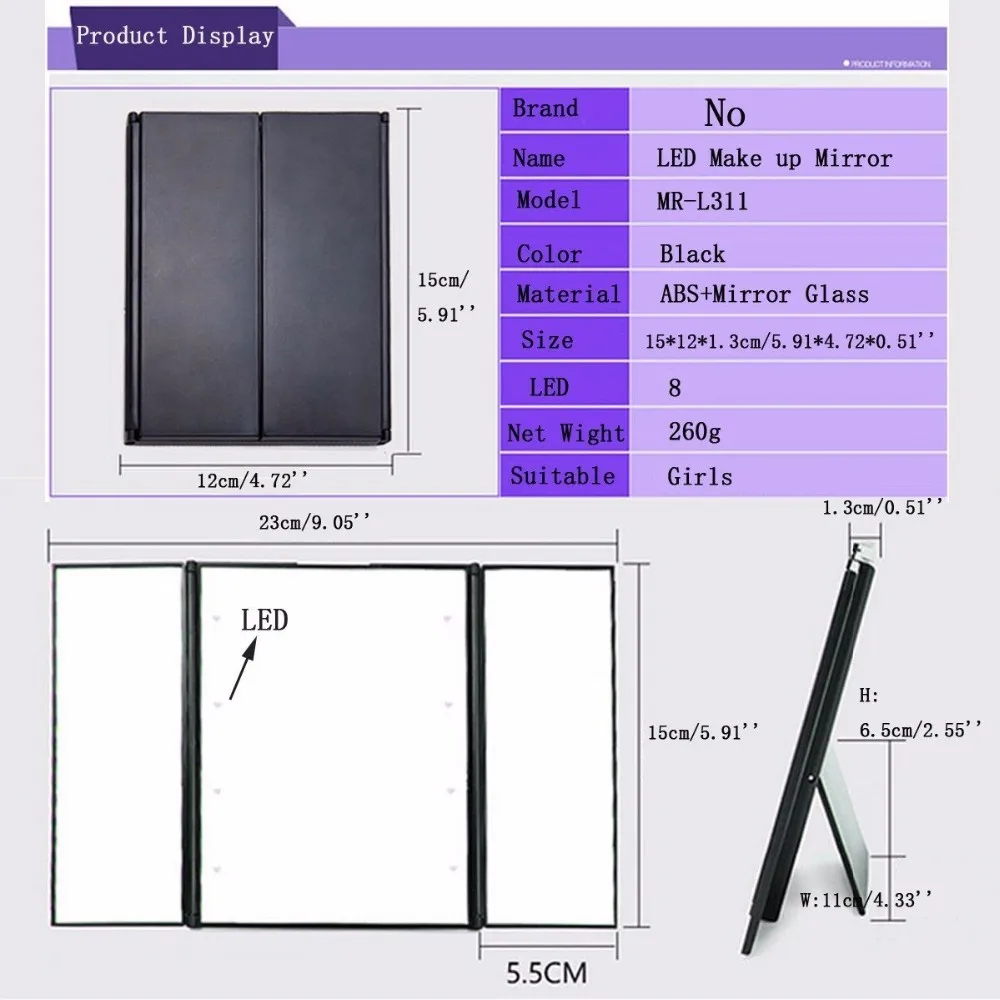 China wholesale cheap Tri-Fold Makeup Mirror with LED Light Portable Travel Small Pocket Mirrors Travel Fold Cosmetic Mirror