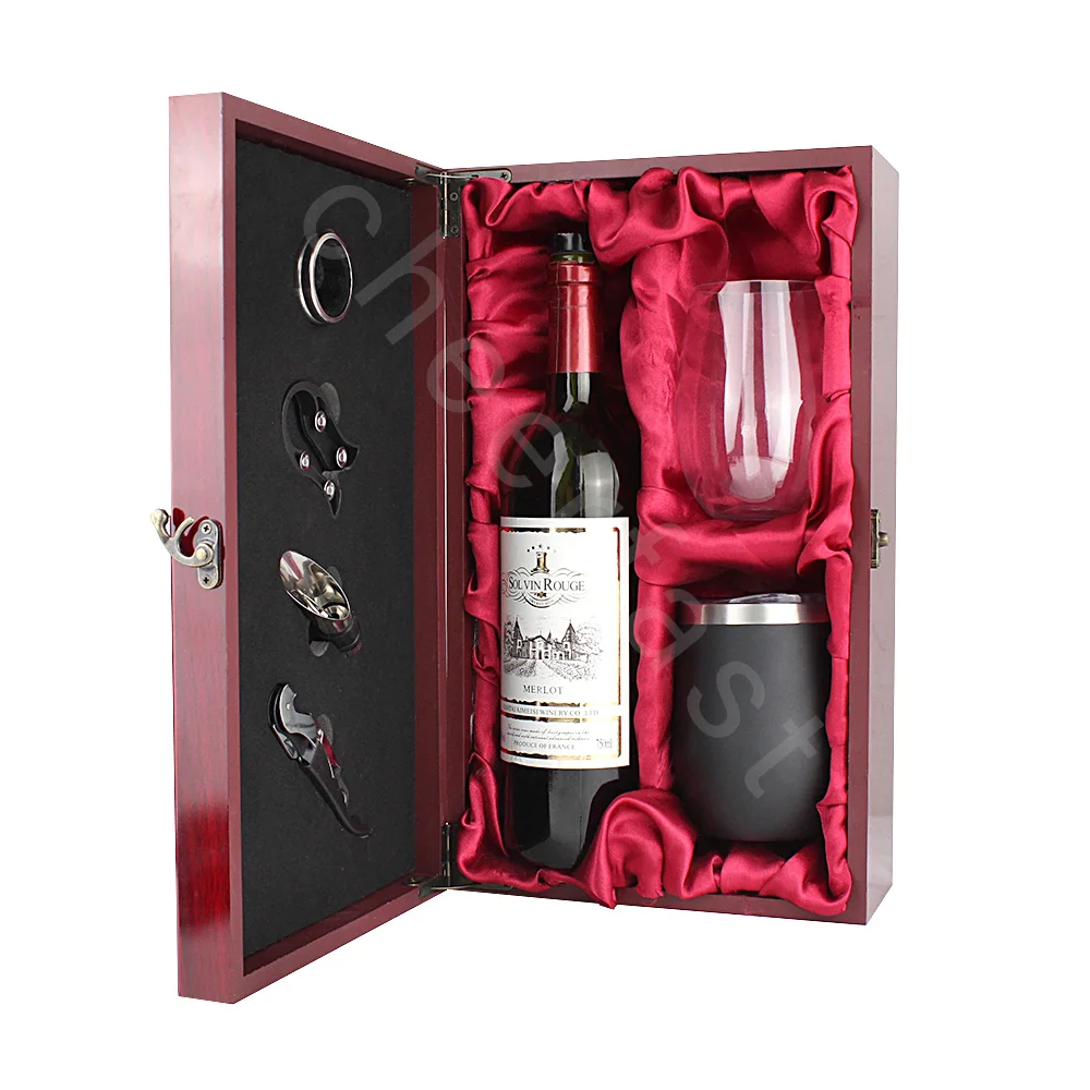 Good Idea Red Wine Double Wood Box Storage Carrying Case And 4pcs Tools Combo Set With Accessories Wine Bottle Wooden Gift Box
