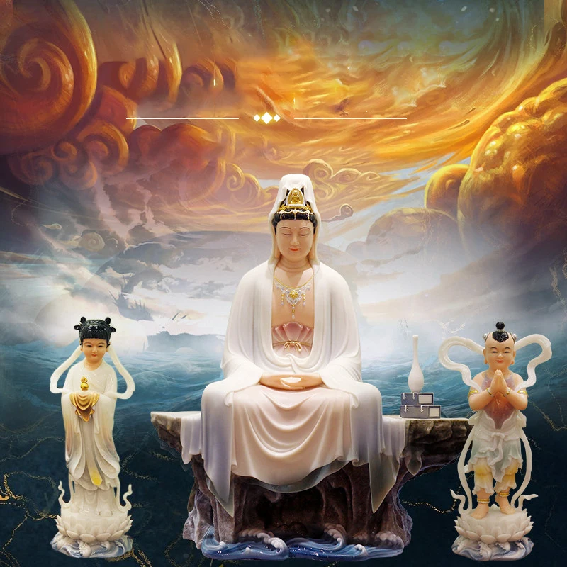 White marble Avalokitesvara Bodhisattva Buddha statue Avalokitesvara statue Good fortune boy dragon statue
