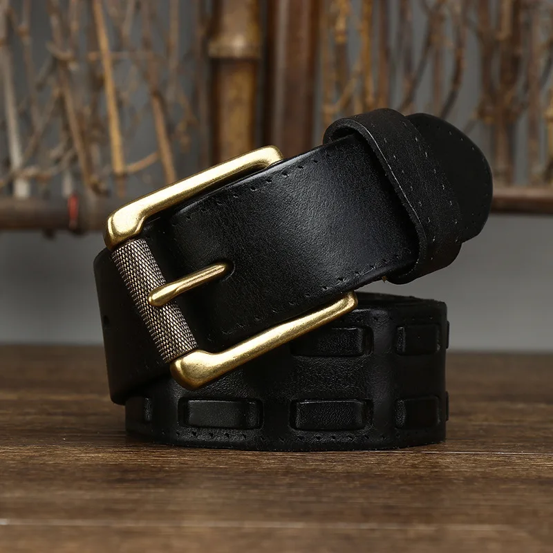 3.8CM wide wash vintage do old trend braided belt Male leather pure cowhide braided copper buckle belt