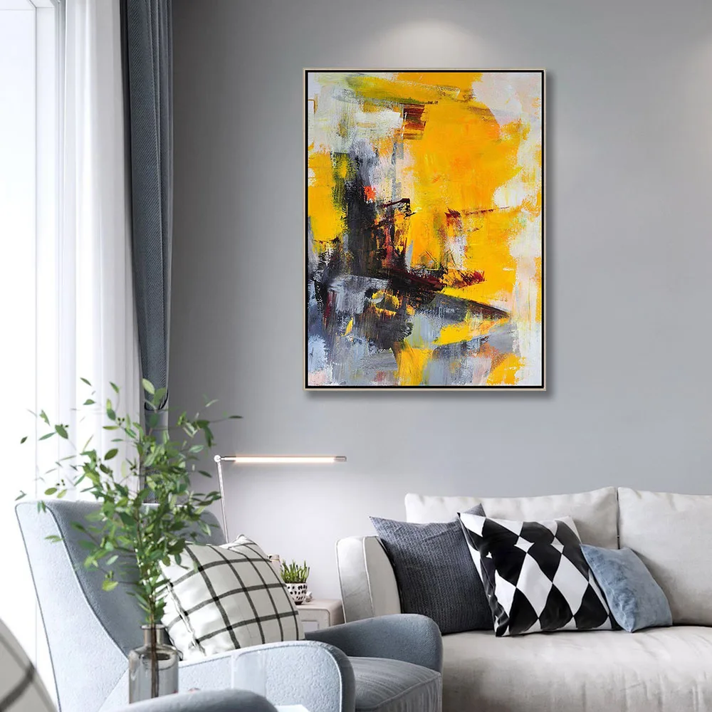 Christmas Gift  Hand painted  Yellow And Black Abstract  Painting  For Living Room  Office Hotel Decor