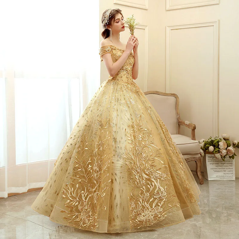 Flower Embroidered Banquet Shiny Sequins Plus Size Evening Gowns Long Dress Off Shoulder Gold Wedding Dresses Ball Gown