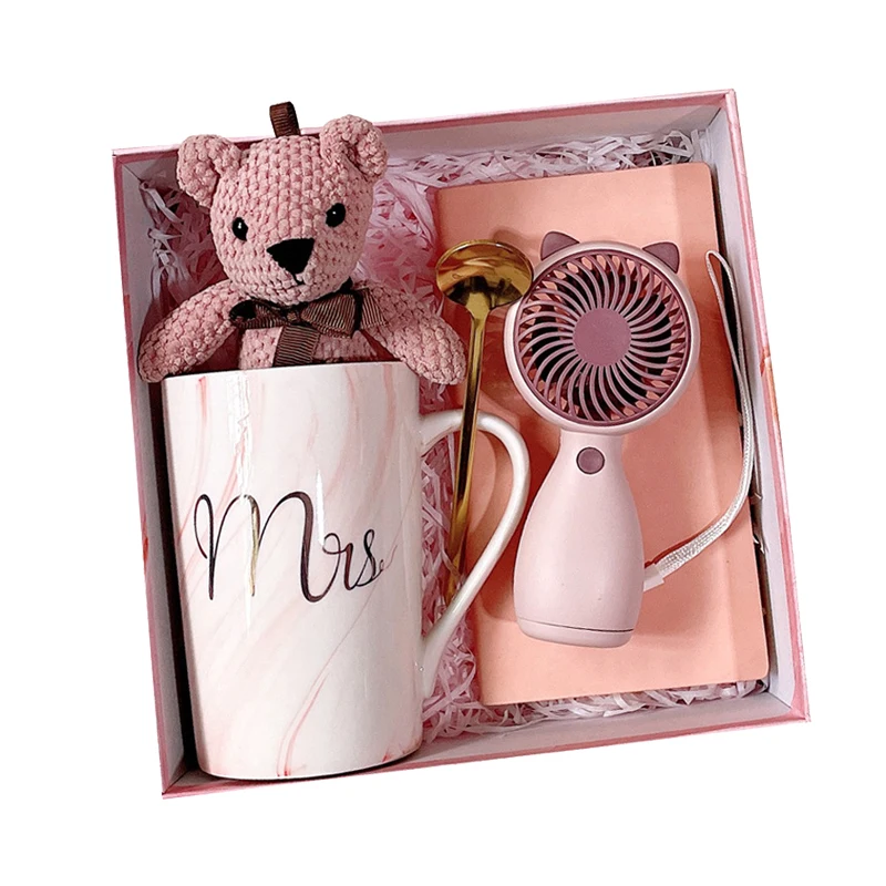 Promotional Product Set Custom Logo Mug + Spoon + Bear + Notebook + USB Fan Gift 5 Piece Set of Custom Logo Business gift