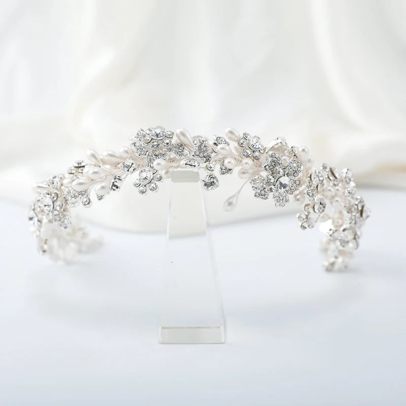 Newest Handmade Crystal Rhinestone Flower PU Wedding Headdress Accessories Bridal Prom Pageant Queen Crown and
