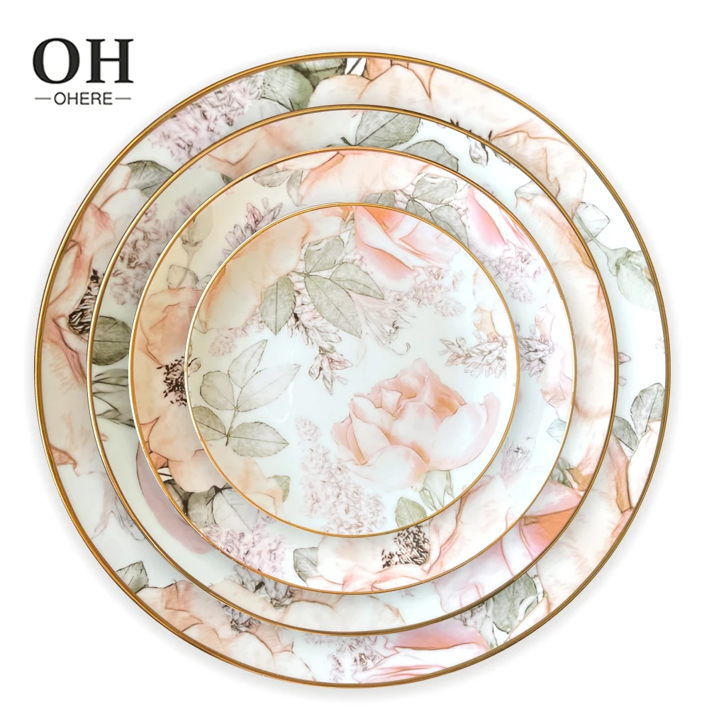 New Design Bone China Dinner Set Luxury Pink Floral 4pcs Plate Set Decorative Wedding Tableware for Event&Catering