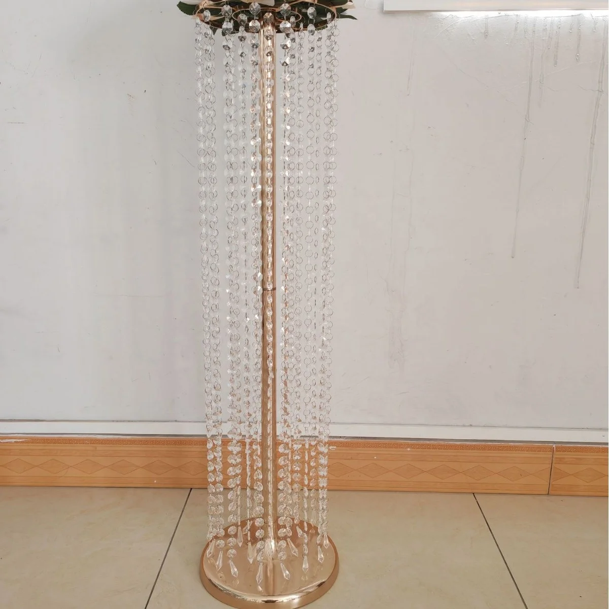 Wedding Crystal Bead Flower Stand Main Table Centerpieces Decoration Road Guide Tall Metal Gold Flower Stand